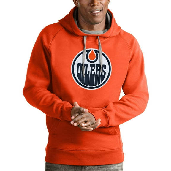 Men's Antigua Orange Edmonton Oilers Logo Victory Pullover Hoodie