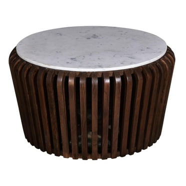 Reeves 33 in. White Marble & Brown Acacia Wood Coffee Table Modern Design