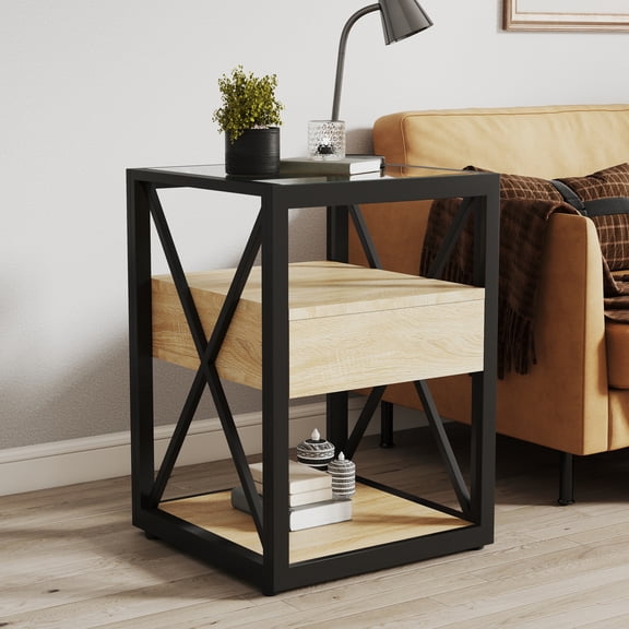 Leumius 2-Tier End Table with Drawer,Modern Nightstand Bedside Table for Living Room Bedroom,Wood