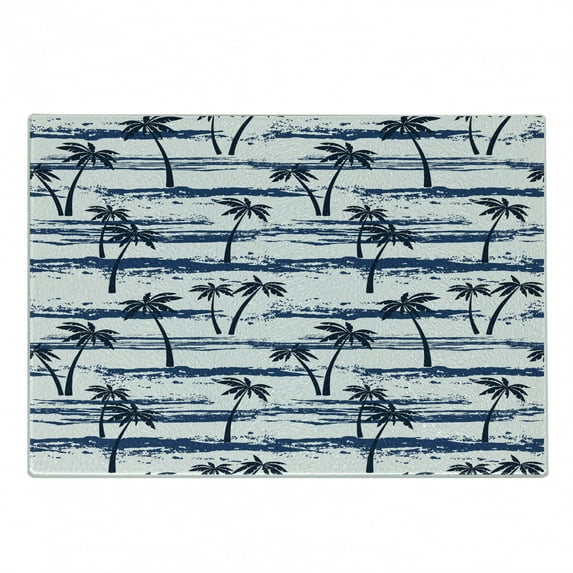 Palm Tree Cutting Board, Pattern Sea Summer Romantic Beach Island Silhouette Tropics, Decorative Tempered Glass Cutting and Serving Board, Small Size, Navy Blue, by Ambesonne