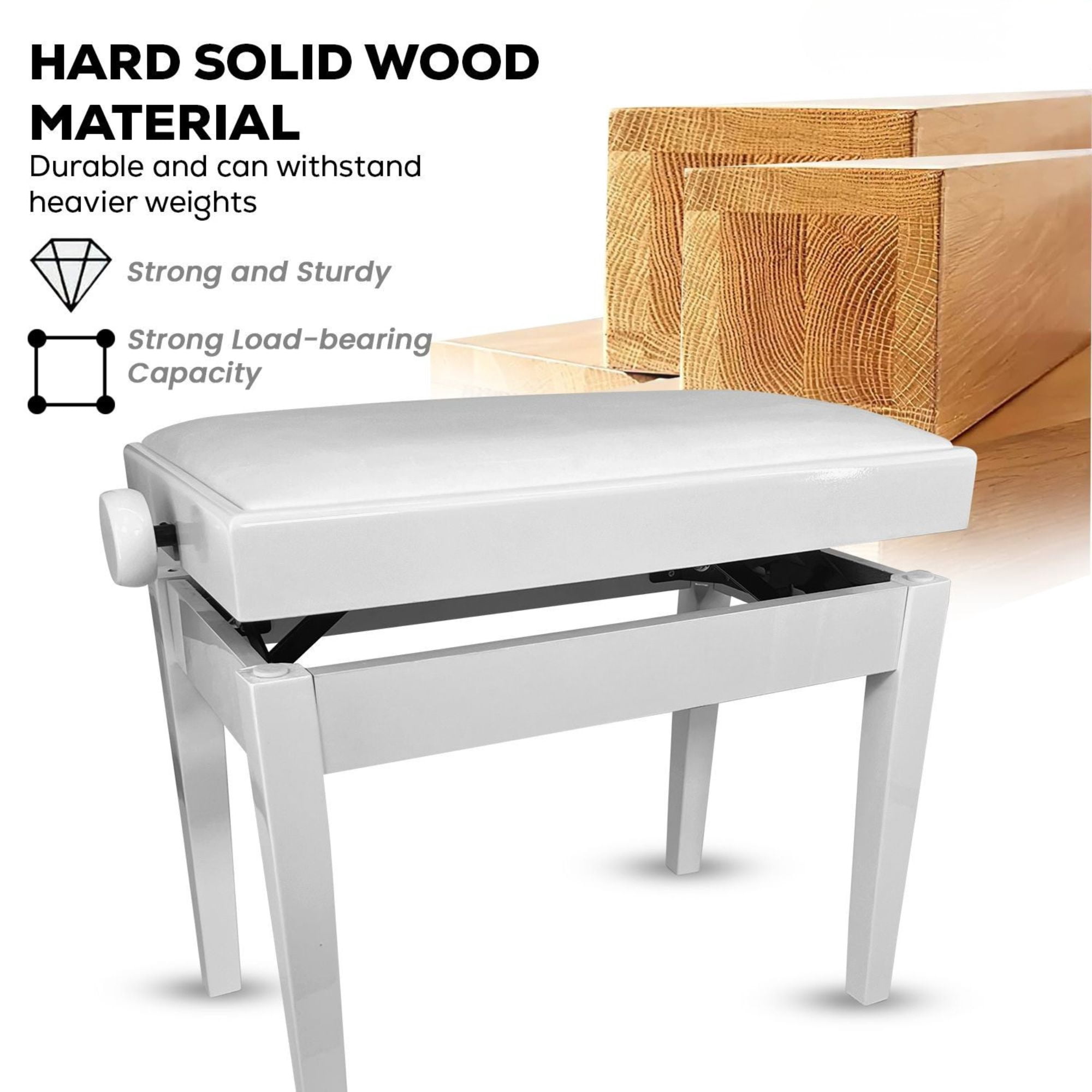 Adjustable Piano Bench - Padded Solid Wood Keyboard Stool (18"-22") - White