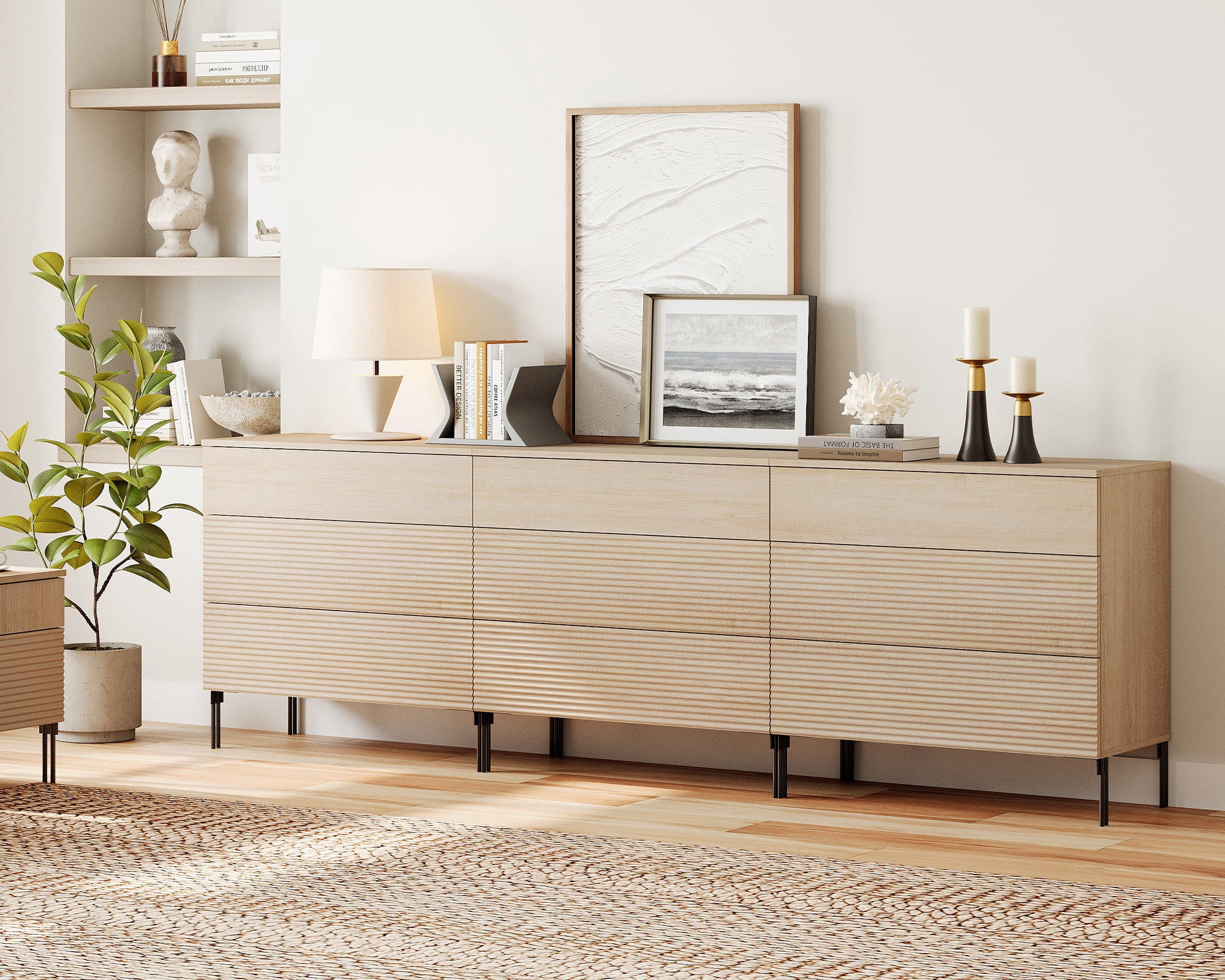 94.5" Wood Accent Chest Set with Drawers, Modern Credenza Storage Cabinet with Reeded Design for Living Room, Kitchen, Dining Room, Hallway