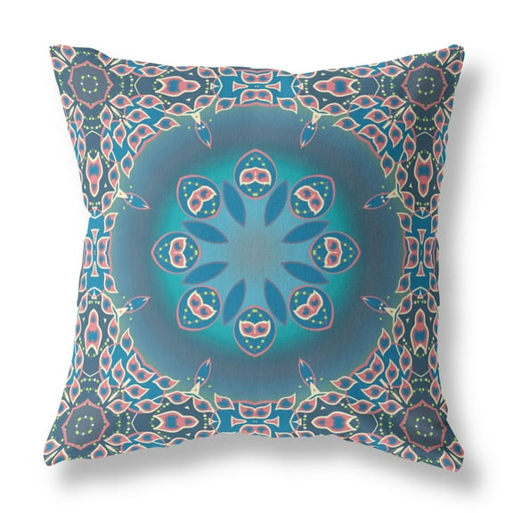 Jewel Circle Indoor/Outdoor Fabric Pillow with Zip in Blue Pink 16x16
