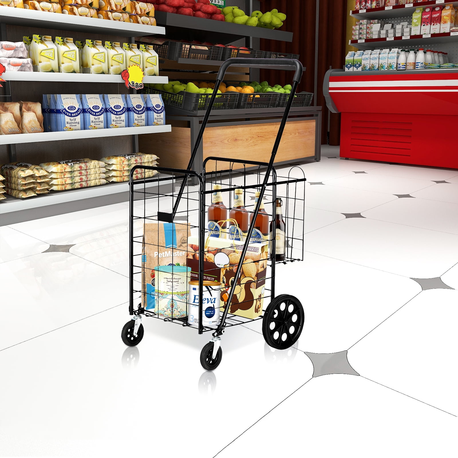 Private Jungle Grocery Practical Shopping Trolley, Luxury Folding Trolley with Double Baskets and 360° Rolling Wheels, Practical Trolley, Black Private Jungle Grocery Practical Shopping Trolley, Luxury Folding Trolley with Double Baskets and 360° Rolling Wheels, Practical Trolley, Black