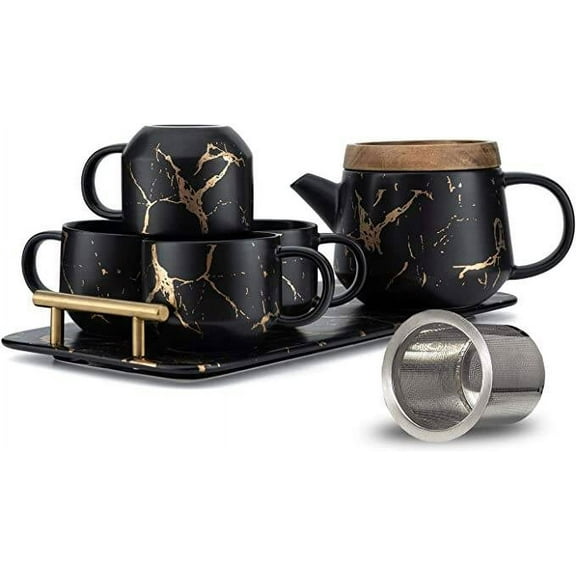 Taimei Teatime Tea Set for Adults, 25 oz Black Ceramic Teapot Set with Infuser, Tea Cups and Ceramic Serving Tray, Modern Marble Design Tea Sets for Women, Tea Gift Set for Tea Lover