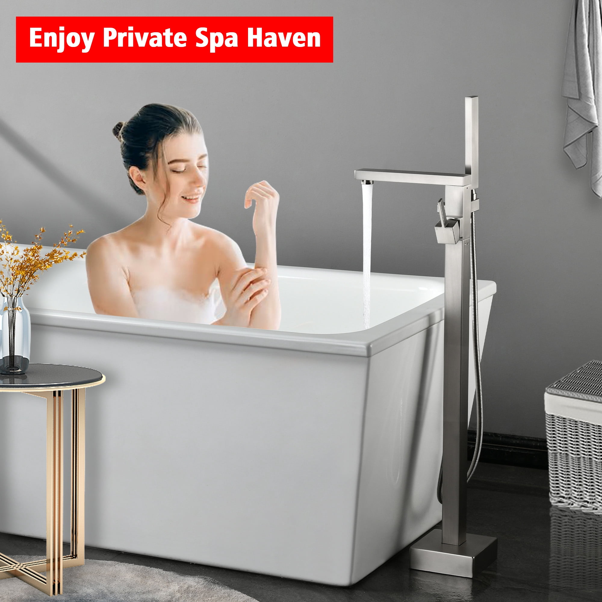SUMERAIN Modern Bathroom Floor Mount Bathtub Faucet Brushed Nickel Finish, High Flow 360-degree Swivel Spout Freestanding Tub Filler Faucet with Hand Shower