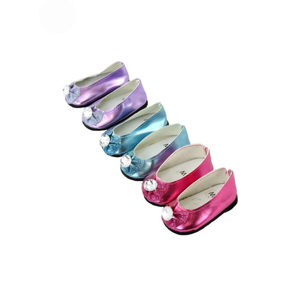 3 Pack of Metallic Diamond Bow Flats: Hot Pink, Lavender, and Teal | Fits 14" Wellie Wisher Dolls | 14'' Inch Doll Accessories
