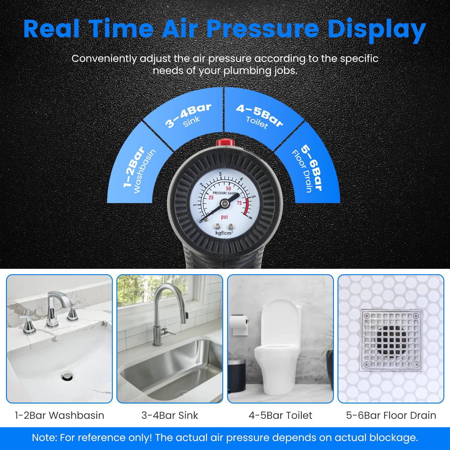 Electric Toilet Plunger, High Pressure Air Plunger Air Drain Blaster Drain Clog Remover with Real Time Pressure Display for Toilets Bathroom Floor Drain Kitchen Sinks Plumbing Clogs