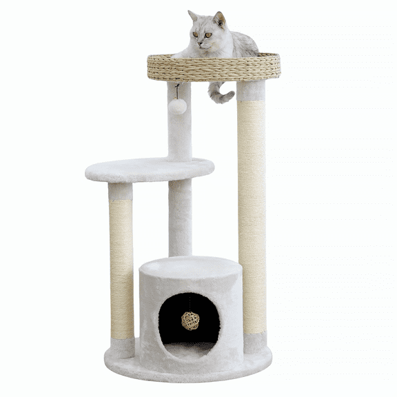 PetPals®  35.8" Cat Tree with  Top Nest Bed, Natural Sisal Scratching Posts, Large Base Condo,  Cream