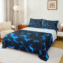 Manfei Teens Futuristic Honeycomb Queen Sheet Sets, Blue Abstract Ombre Flat Sheet, Geometric Stripes Queen Fitted Sheet, Microfiber Bedroom Decor, 4 Pieces