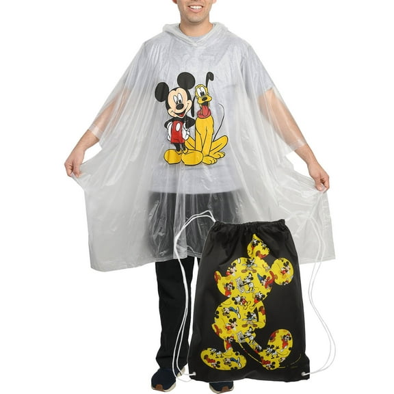 Disney Mickey Mouse Black 18" Drawstring Bag w/ Mickey Pluto Rain Poncho Set