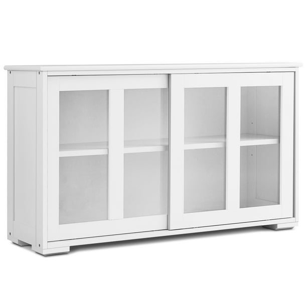 Topbuy Wooden Buffet Cupboard Kitchen Storage Sideboard Glass Sliding Door Cream White Walmart Com Walmart Com