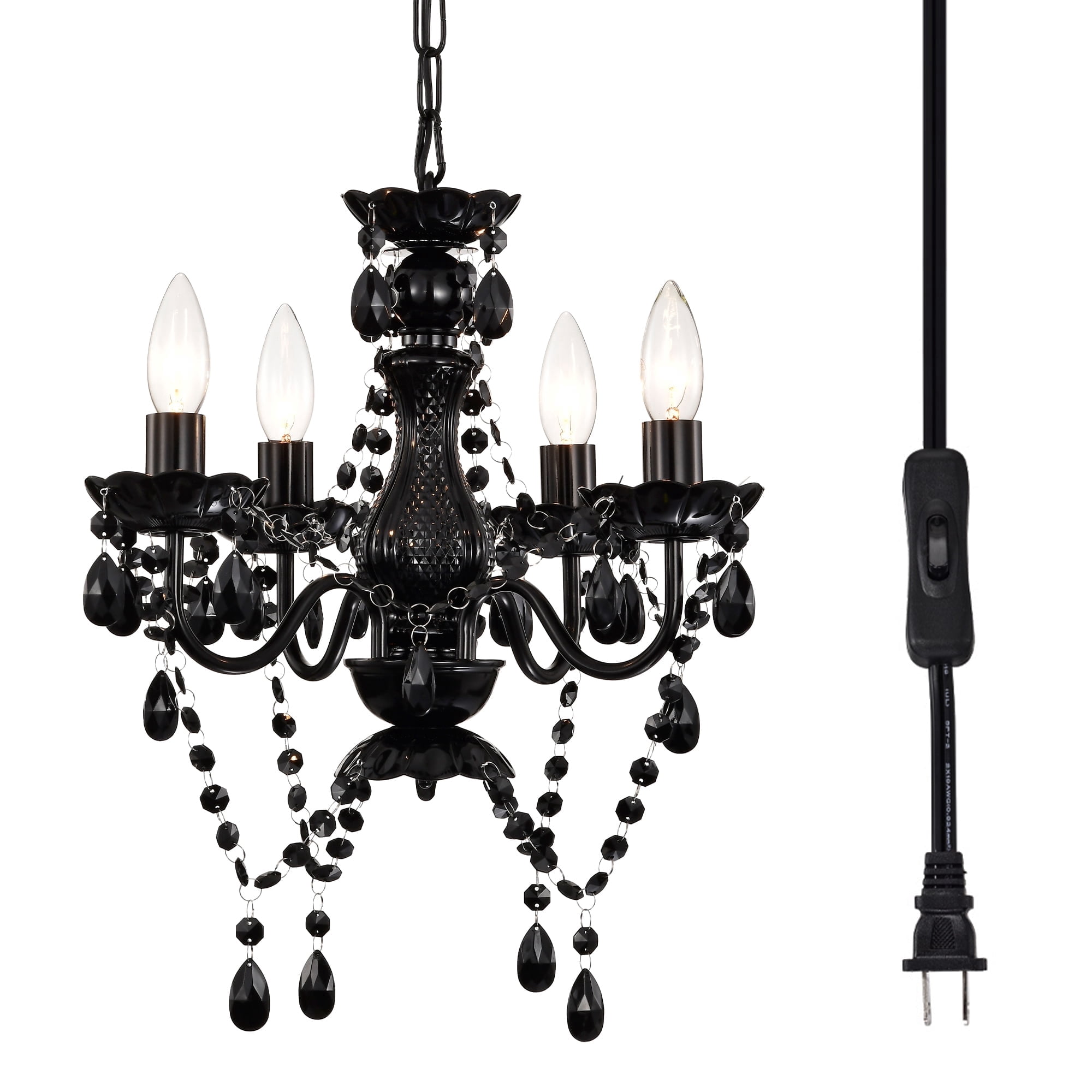 4-Light Elegant Black Finish Plug-in Crystal Chandelier for Bedroom Dining Room, Mini Adjustable Hanging Light