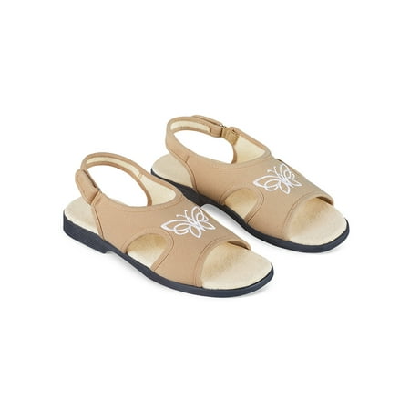 Adjustable Open Toe - Embroidered Butterfly Canvas Open Toe Stretch Sandals with Adjustable Touch Closure, 10, Tan