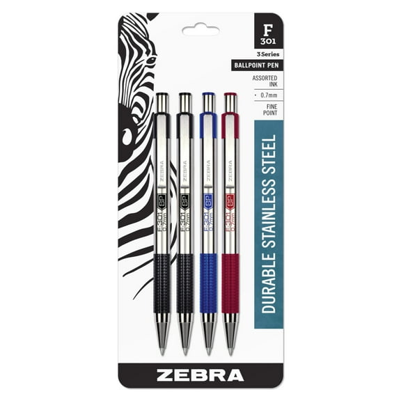 Zebra Pen F-301 Ballpoint Stainless Steel Retractable Pen, Fine Point, 0.7mm, Assorted Ink, 4-Count
