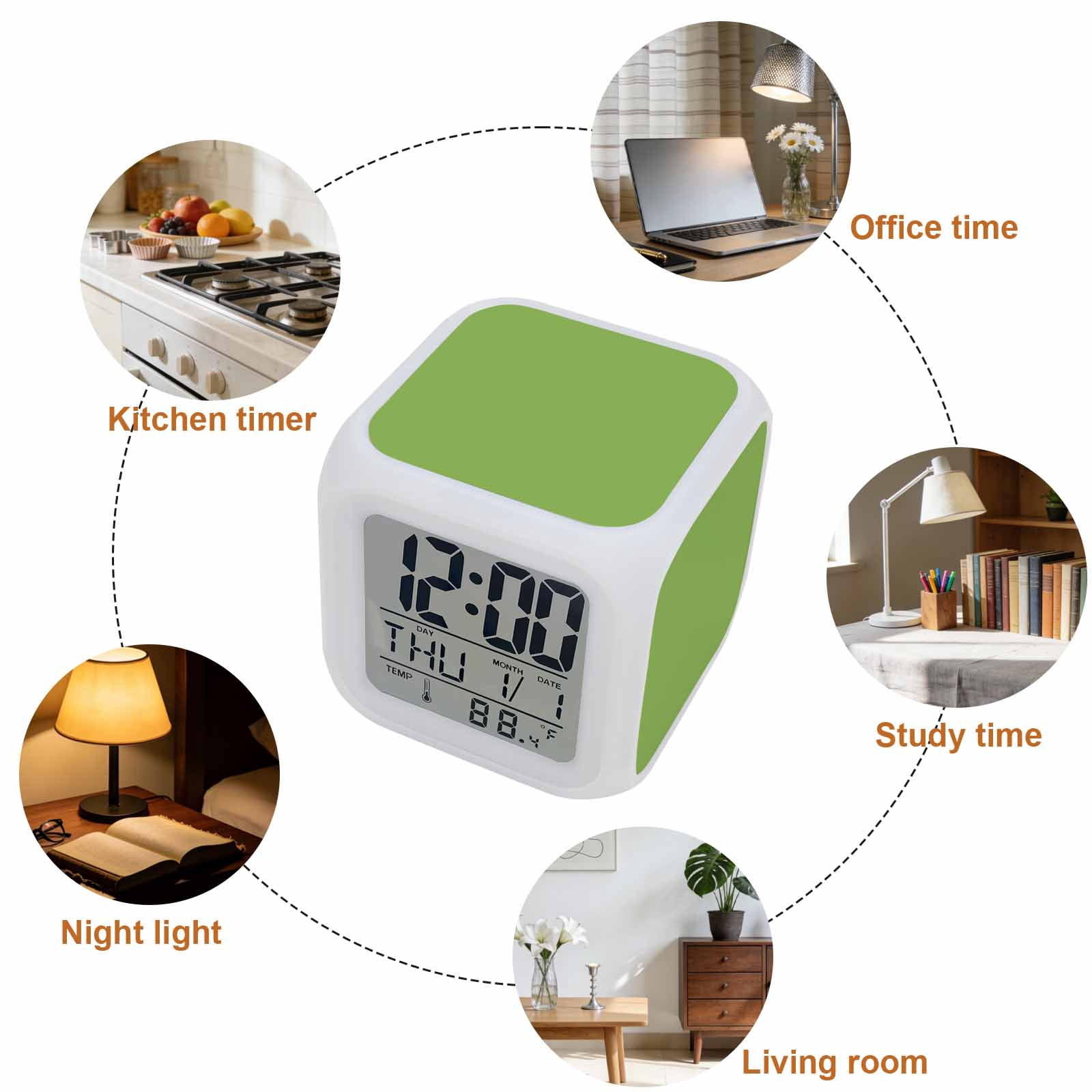 Green Digital Alarm Clock for Bedrooms,Smart LED Alarm Clock with 7 Color Changing Night Light,Solid Color Simple Abstract Fashion Light Color Silent Wake Up Clocks for Sleep Study Cooking 3.2"x3.2"