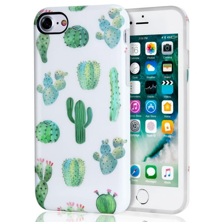 Cactus iPhone 7 Case, iPhone 8 Case, White Green Best Protective Cute Women Girl Clear Slim Shockproof Glossy Soft Silicone Rubber TPU Cover Phone Case For iPhone 7 / iPhone (Best Ar Soft Case)