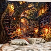 Gojian Forest Library Tapestry Tree Bookshelf Tapestries Wall Hanging Vintage Fantasy Fairy Treehouse Book Tapestry for Bedroom Living Room Dorm Classroom
