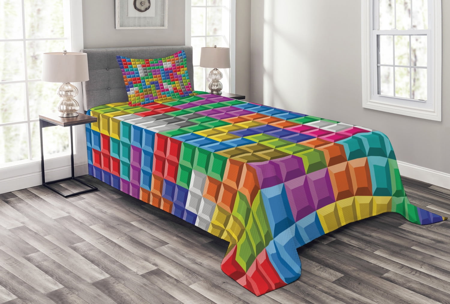 Pixel Details Rainbow Print Details about   Abstract Quilted Coverlet & Pillow Shams Set 
