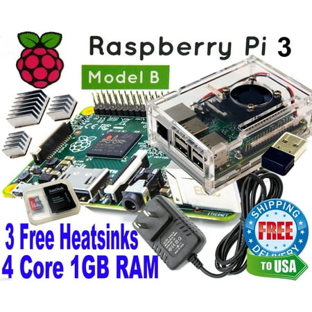 Raspberry Pi 3 Model B 1GB RAM Clear Case w/ fan AC 16GB SD Windows 10 IOT (Best Raspberry Pi Heatsink)