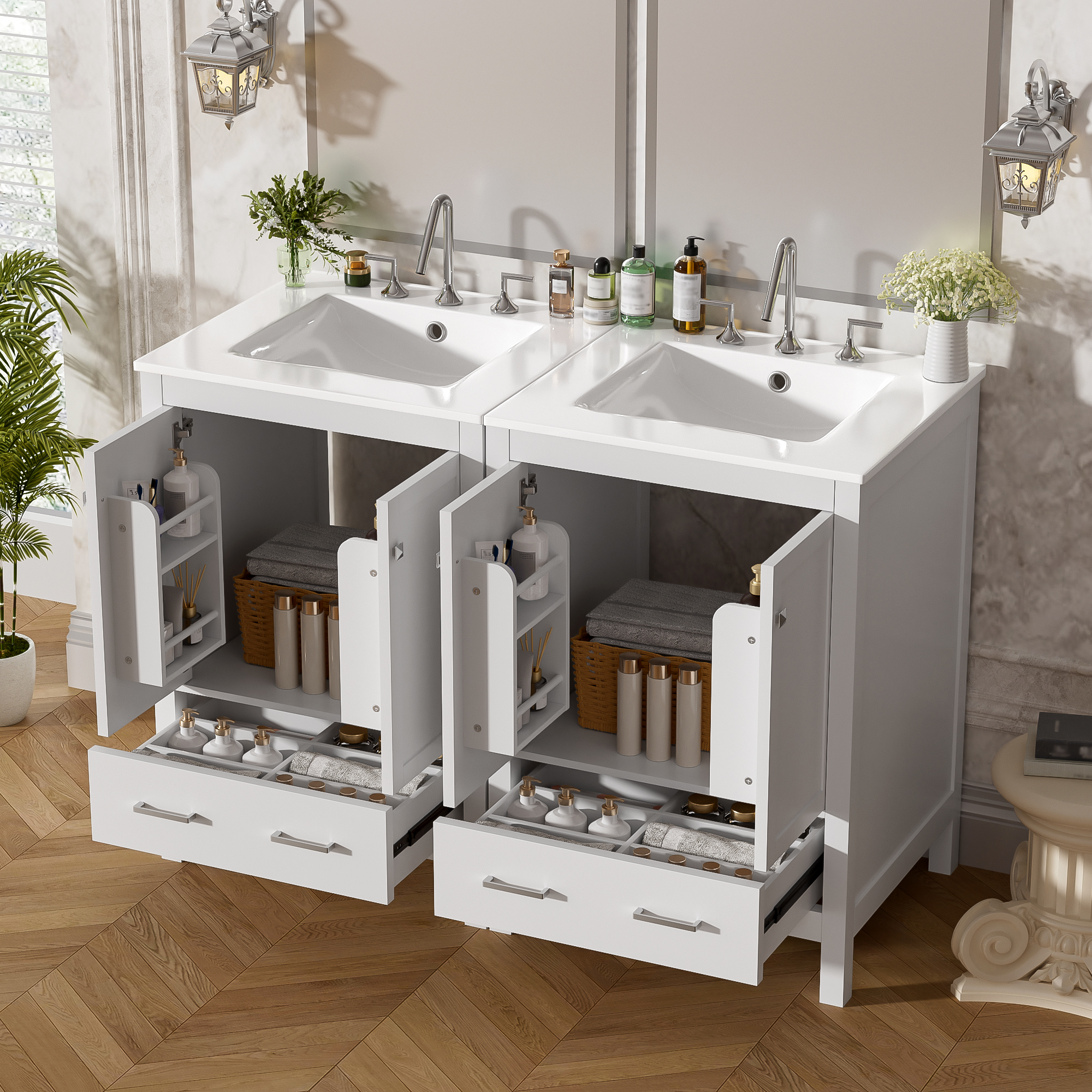 Euroco 48-Inch Bathroom Vanity with Integrated Undermount Sink, Storage Cabinet, Soft-Close Doors, Divided Drawer, and Double-Layer Door Shelf for Versatile Storage