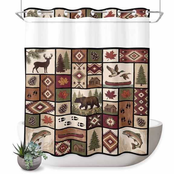 No Hook Shower Curtain, Country Patch Plaid Shower Curtains for Bathroom with See Through Top Window, Brown Farmhouse Retro Bear Deer Cabin Waterproof & Washable Bath Curtain Standard 72"x72"