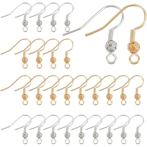 1 Box 100Pcs Earring Hooks Real 18K Gold Plated Brass Ear Wires Platinum Plated Earring Fish Hooks with Filigree Ball French Earring Hooks for Jewelry Making Kit Hypoallergenic Supplies