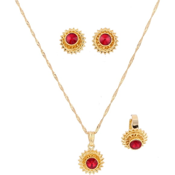 PinesC Flower Jewelry Set Ethiopian Gold Jewelry Sets Earrings Pendant Ring with Stone African Habesha Nigeria Jewelry Red