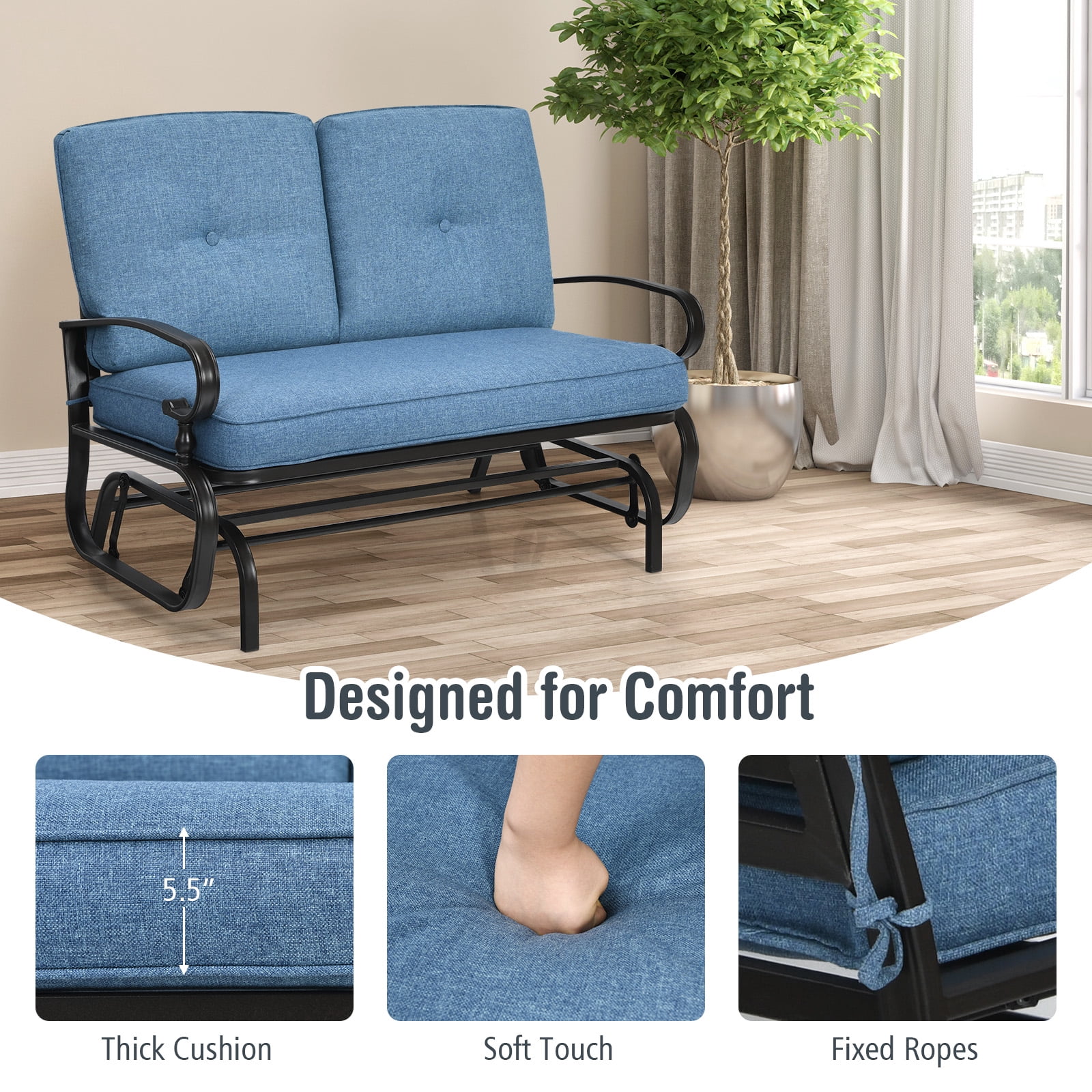 Topbuy 2-Person Outdoor Bench Patio Swing Glider Chair with Cushions Rocking Chair Cushioned Sofa Blue