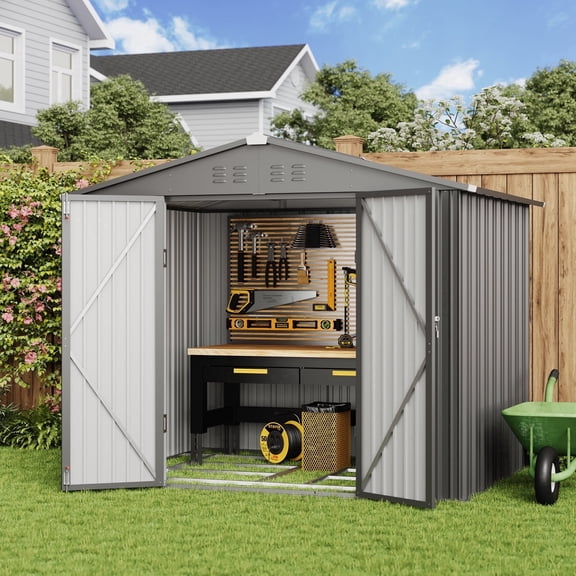 Asofer 8x6 FT Galvanized Metal Outdoor Storage Shed, Double Lockable Doors, All-Weather Utility Tool Shed with Ventilation for Backyard Garden Patio Lawn, Gray