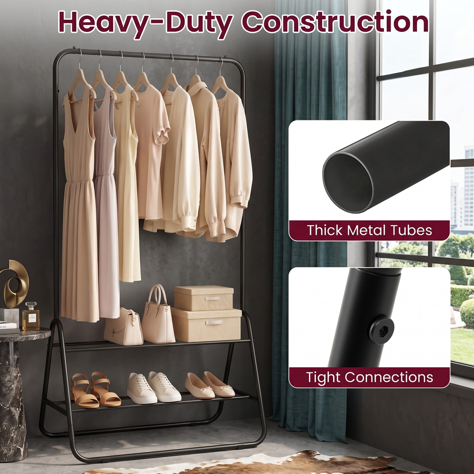 Furnibear Heavy Duty Metal Clothes Rack with Hanging Rod and 2 Storage Shelves for Bedroom Laundry Room and Hallway, Black