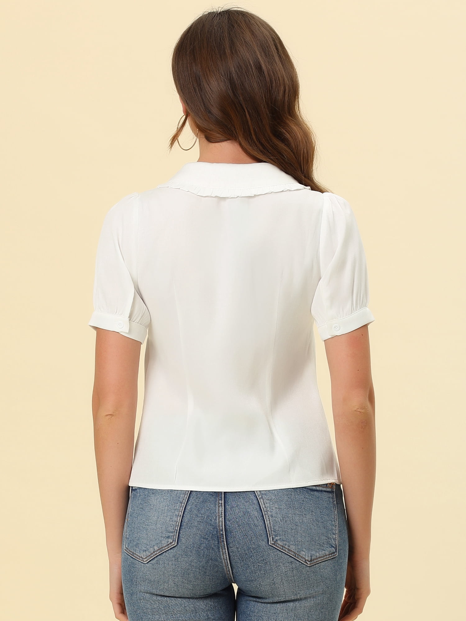 DARING DIVA Women's Peter Pan Collar Puff Short Sleeve Button Chambray Shirt XS White