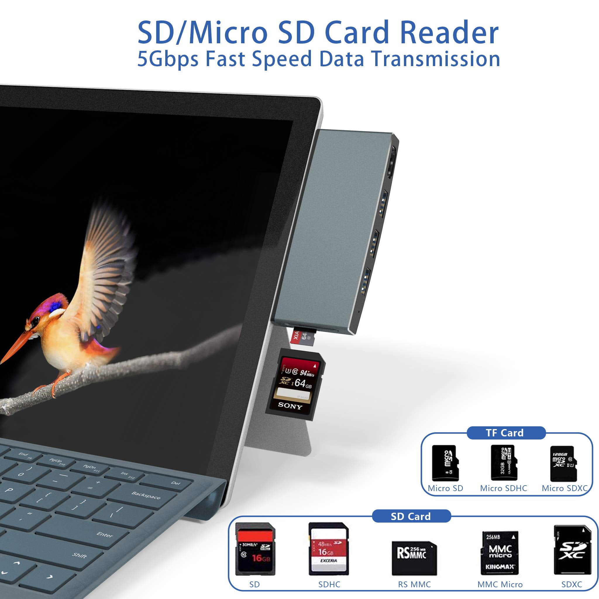 Surface Pro 6/ Pro 5/ Pro 4 Docking Station USB Hub, Surface Pro Docking Station with 4K HDMI, 3X USB3.0 Ports, SD/TF Card Reader, Accessories for Microsoft Surface Pro 4/5/6
