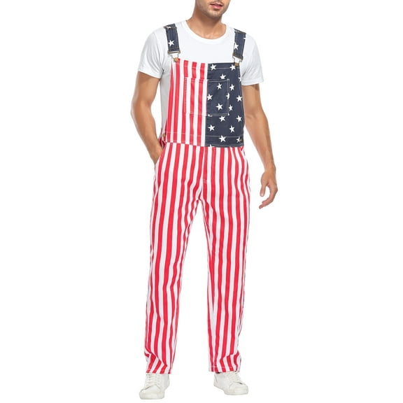 American Flag Overalls Adjustable Straps Mens Red White Blue Bib Coveralls 4th of July Romper