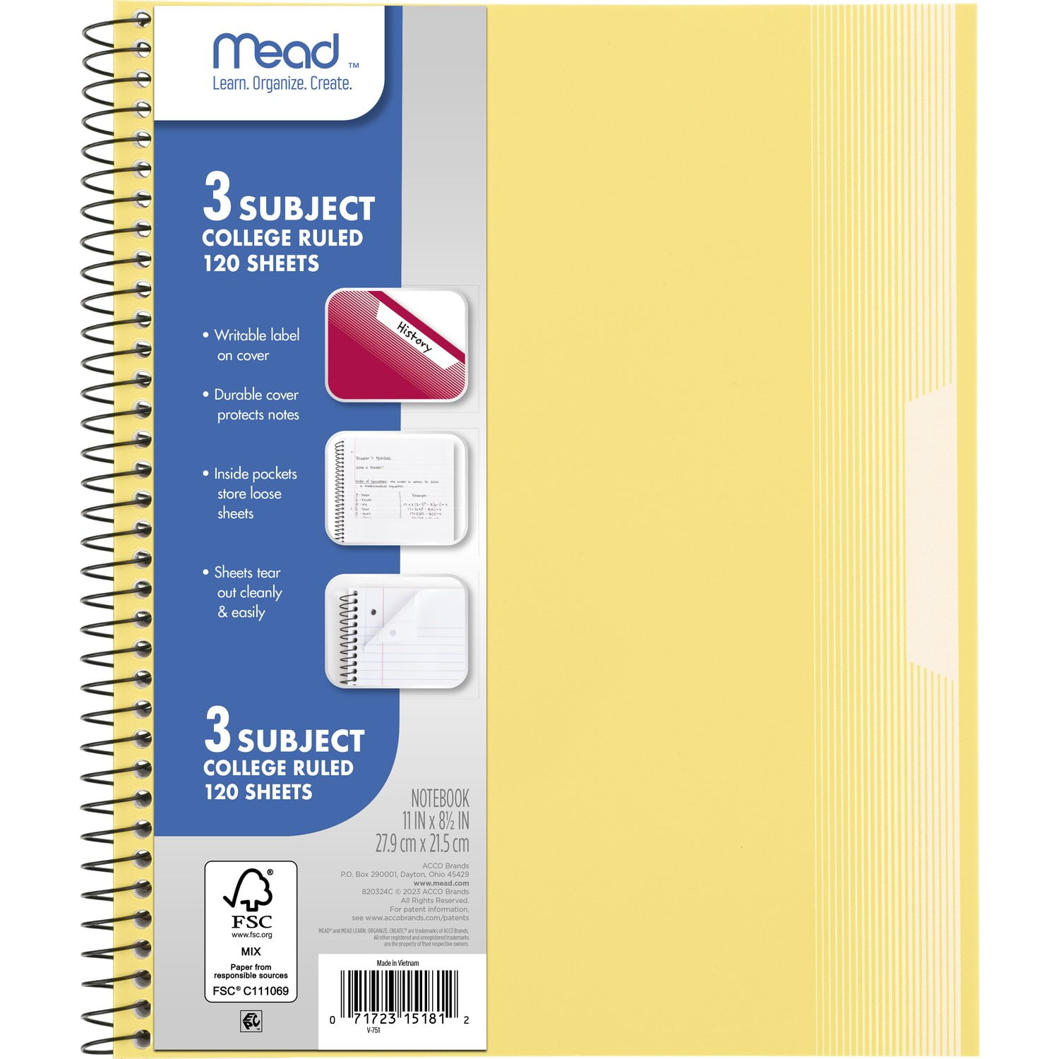 Mead Spiral Notebook, 3 Subject, College Ruled, Plastic Cover, 8.5" x 11", Pastel Yellow