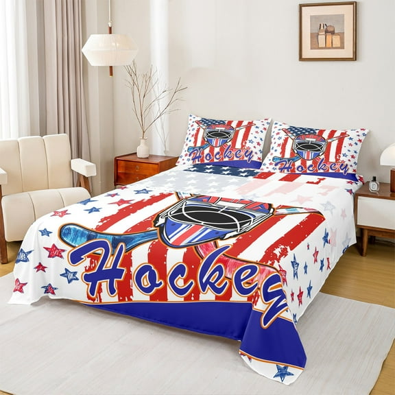 Homewish Hockey Helemt Twin Sheet Sets,Colorful Stars Print Twin Fitted Sheet,Red Blue White 03 For Kids Boy,Microfiber Bedroom Decor,3 Pieces