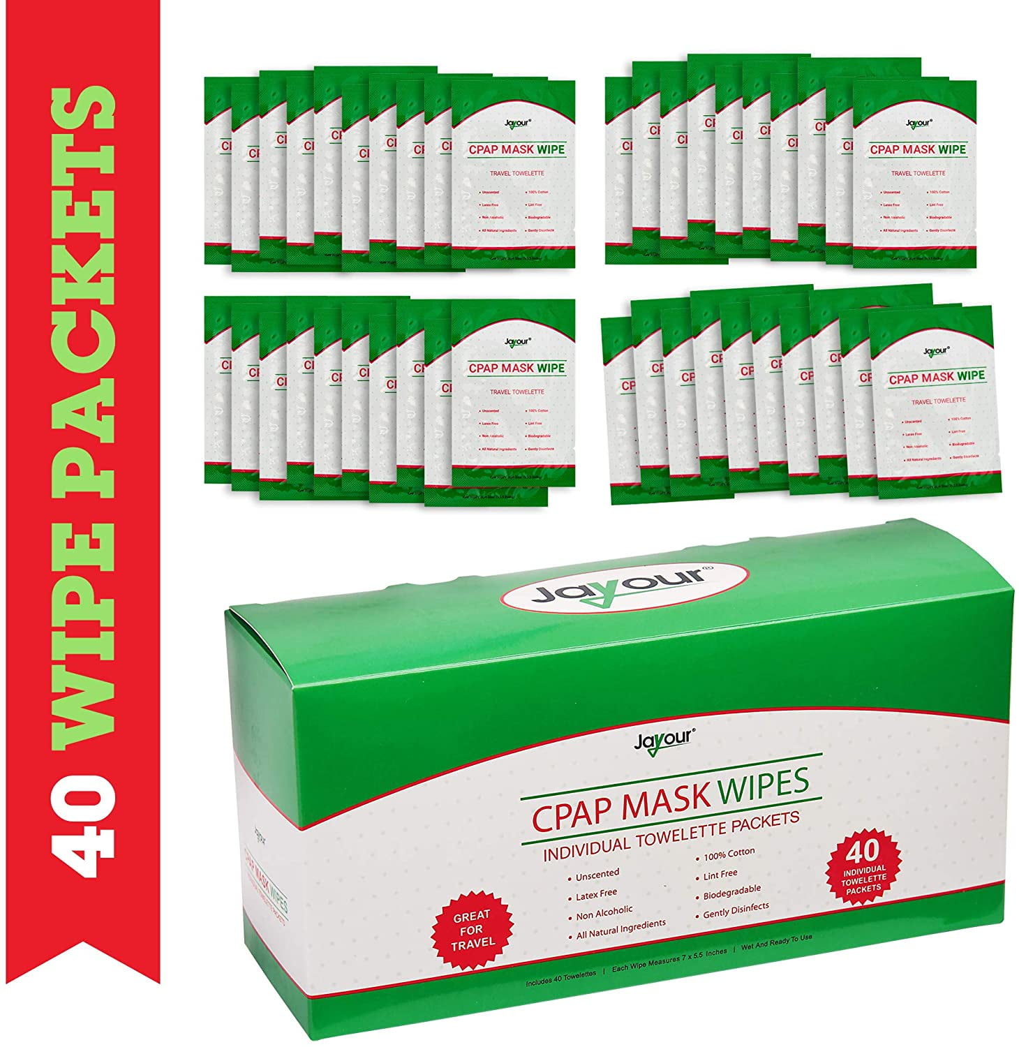 40 Pack - Travel CPAP Cleaning Wipe Towelettes - 40 Total {1 Per Packet} Unscented, 100% Cotton, Lint Free | for Cleaning CPAP | Perfect for Travel