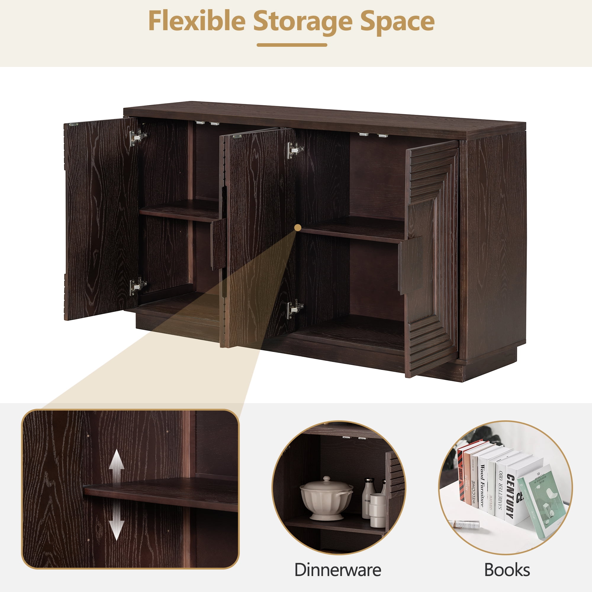 MAYEERTY 4-Door Vintage Fluted Buffet Cabinet with Adjustable Shelves for Dining Room, Kitchen, Living Room, Espresso