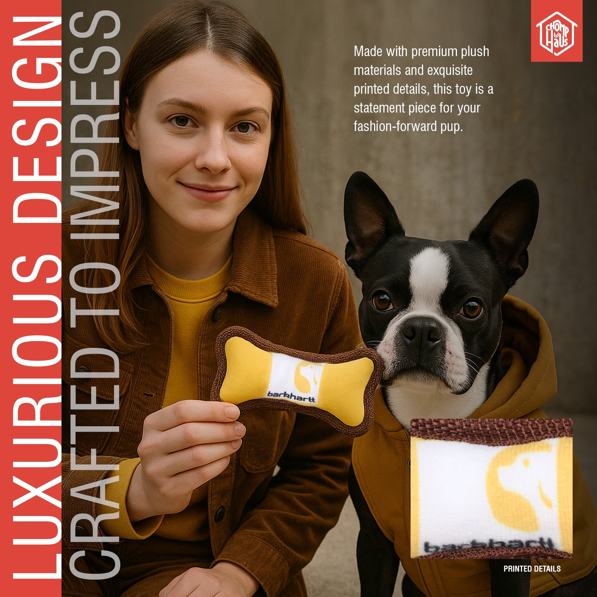 Chomp Haus Barkhartt Bone – Luxurious Plush Dog Toy with Squeaker, Premium Fabric, Embroidered Details, Designer-Inspired Chew Toy, Fun Gift for Medium to Large Dogs & Dog Lovers