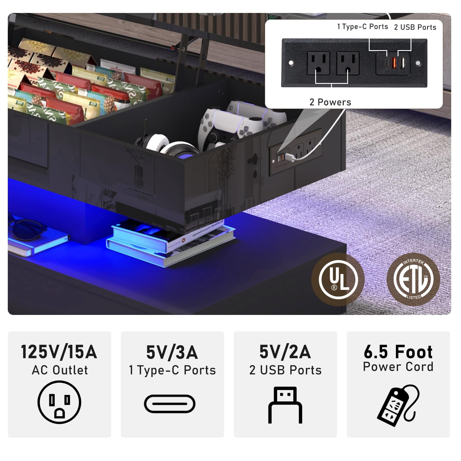 ChVans 39.4" Large Lift Top Coffee Table with Charging Station & LED Lights, Black High Glossy LED Coffee Table with Hidden Compartment Storage, Modern Living Room Tables