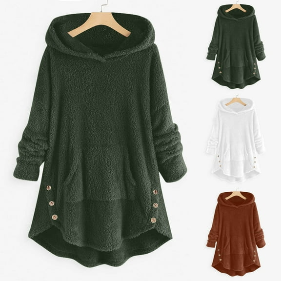 Xdegoge Womens Fleece Coat Plus Size, S-5XL, Cold Weather Winter Fashion Clothes Thermal Comfy Lightweight Oversized Hoodies Fuzzy Cozy Warm Long Sleeve Hooded Pullover Coats with Pockets