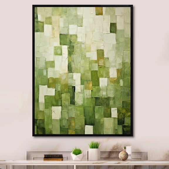 Designart "Green Tiles in Abstract Cubism" Abstract Framed Wall Art - Modern Green Abstract Tile Bedroom Framed Canvas Wall Art