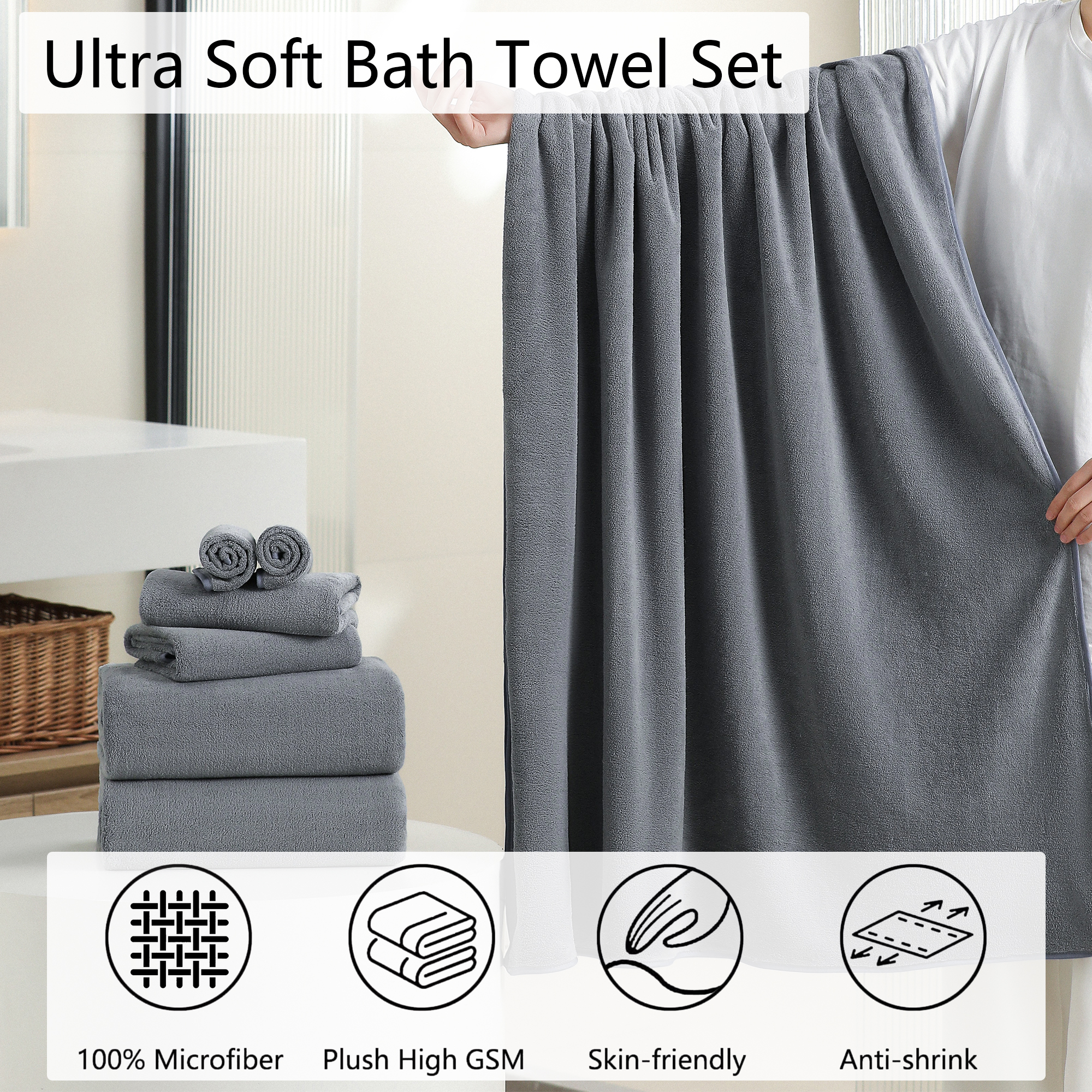 Jessy Home 4-Pack Ultra Soft Bath Towel Set, Dark Gray photo 5