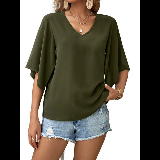Blusas de Verano para Mujer, Elegantes, Informales, con Mangas 3/4 y Cuello en V, para Trabajo y Negocios Verde L