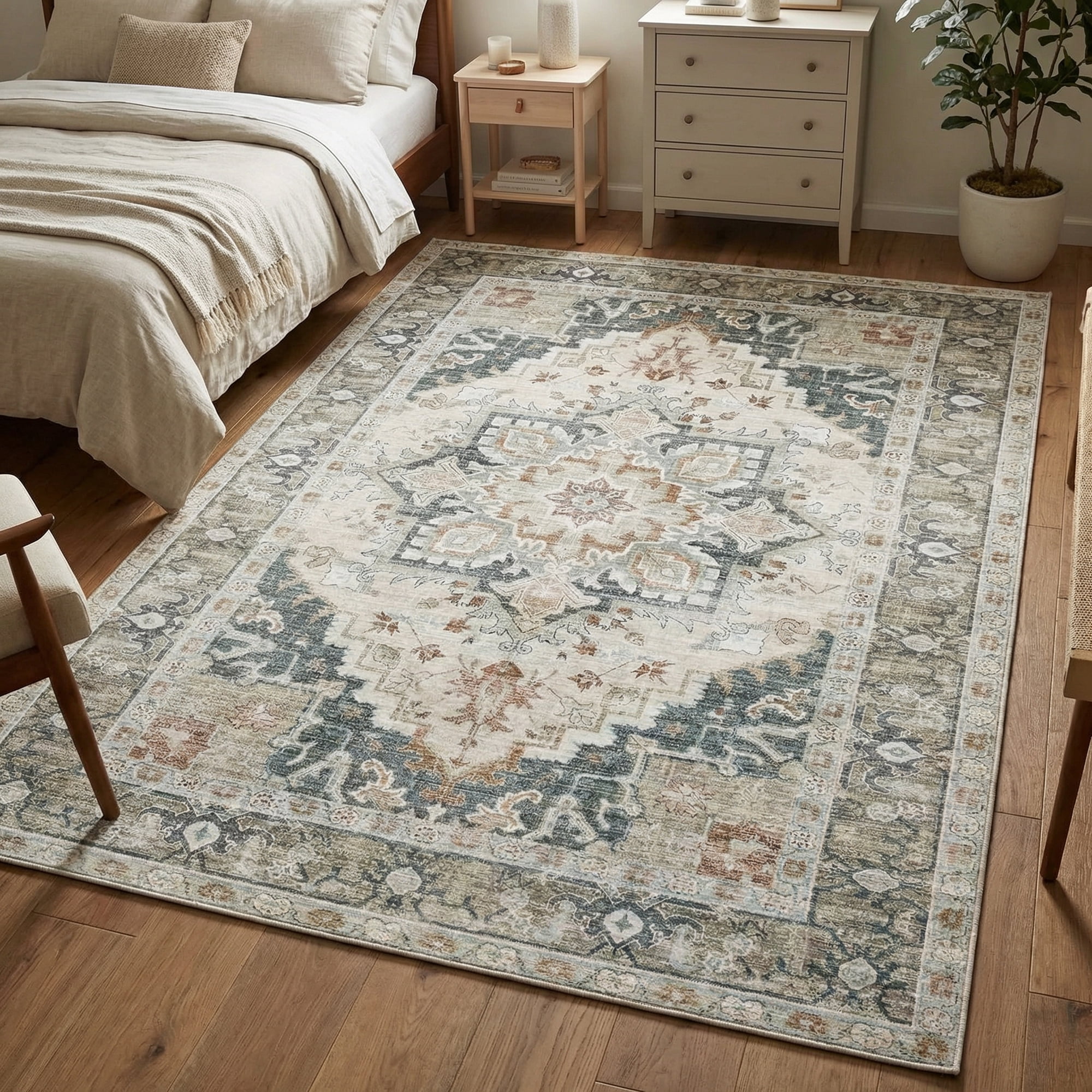 Kokia 8x10 Oriental Area Rug Living Room Washable Non Slip Boho Soft Rugs Bedroom Dining Room Decor-Gray