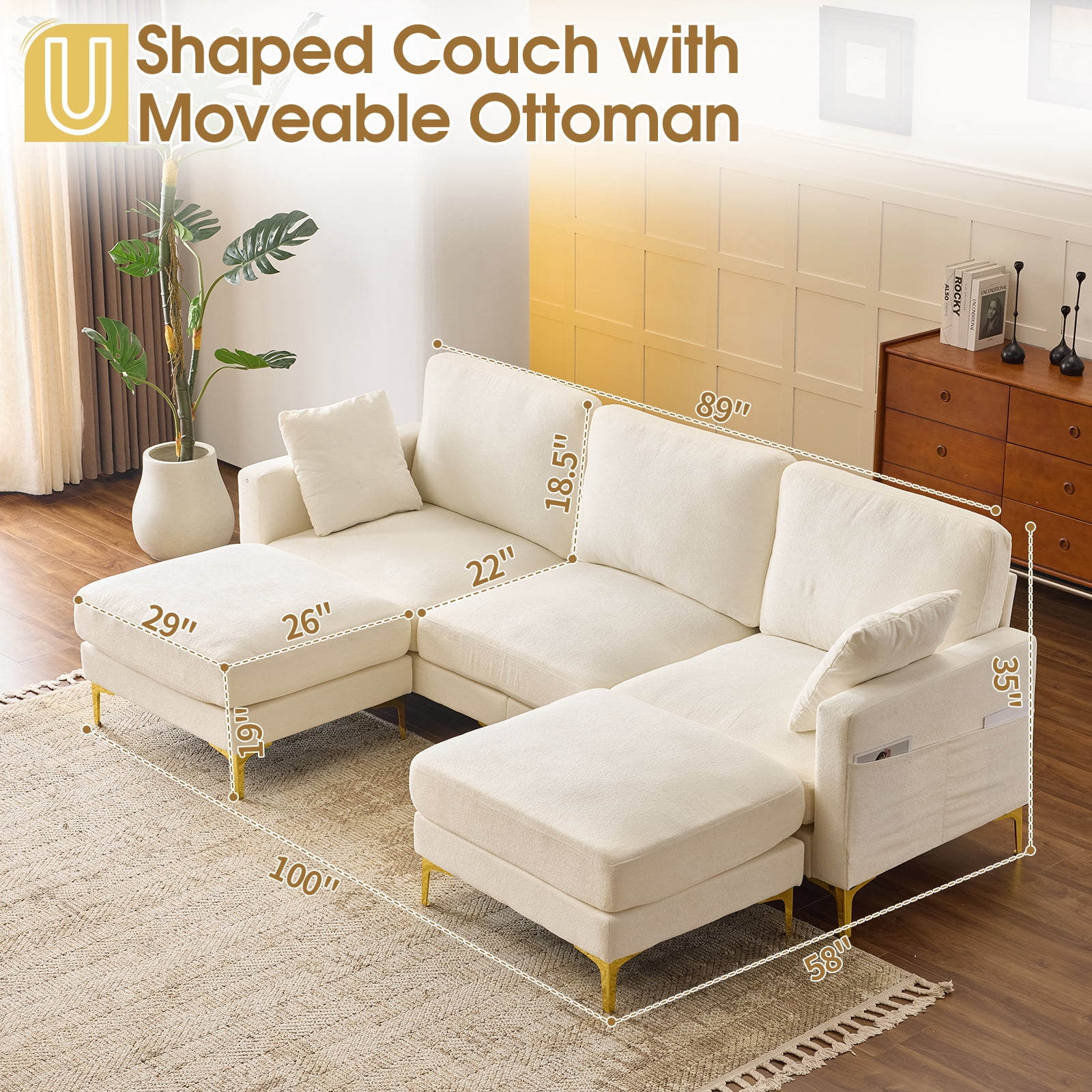 Ktaxon U-Shaped Sofa with 2 Removeable Ottoman Footrests, Flannel Deep Seating Couch for 3, Converts to Sleeper for Bedroom Living Room Furniture Beige