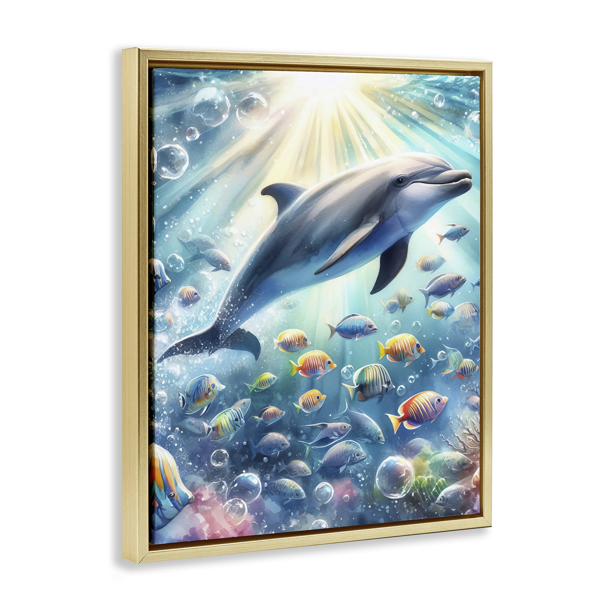 Stupell Industries Dolphin Among Sea Life Nautical & Beach Painting Gold Floater Framed Canvas Art Print Wall Art, 17 x 21