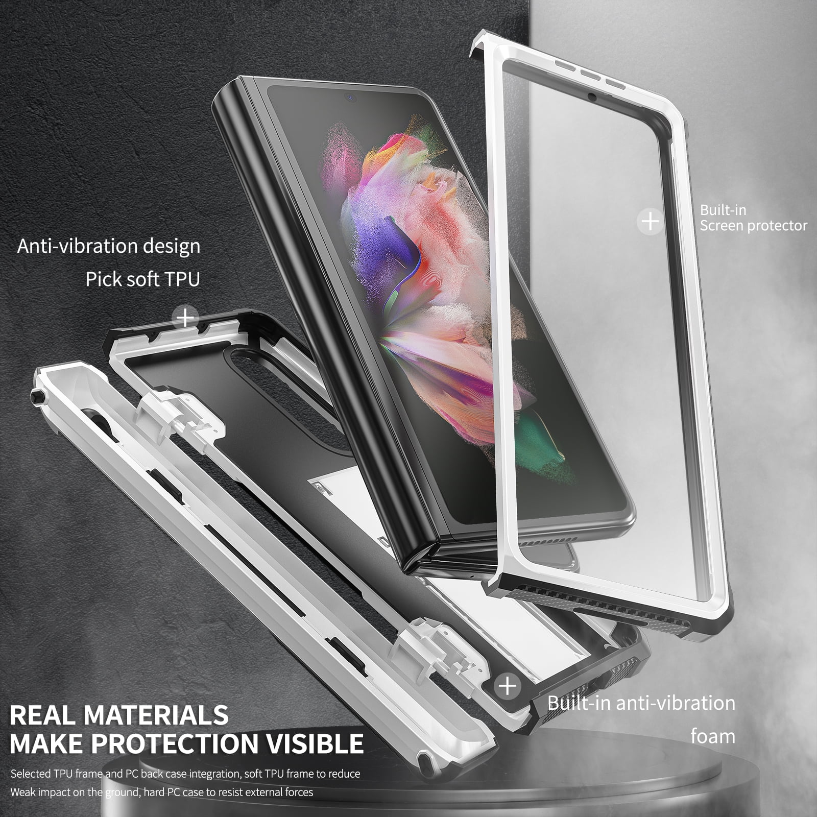 TECH CIRC Case for Samsung Galaxy Z Fold 3 Compatible with MagSafe, Heavy Duty Rugged PC Shockproof Hinge Protection Cover with Hidden Bracket Screen Protector S Pen Holder Galaxy Z Fold 3 Case,White