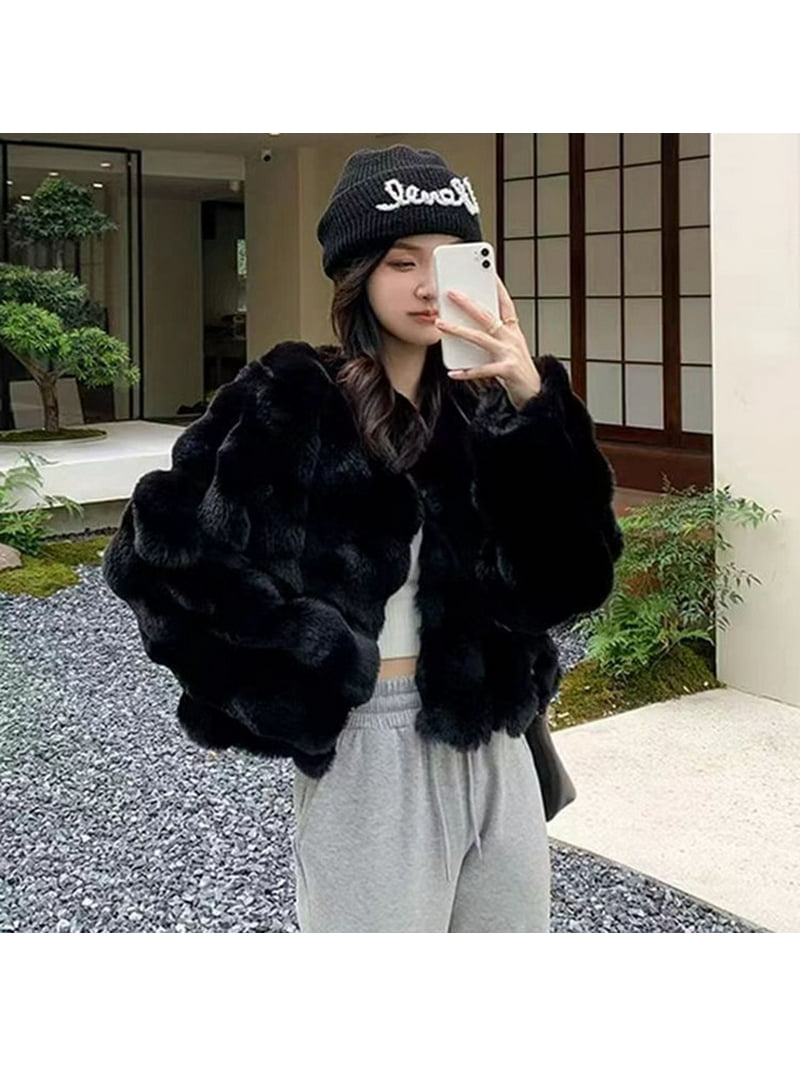 DanceeMangoo Korean Fashion Faux Fur Jacket Winter Quality Rabbit Fur Woman Soft Thick Furry Short Jackets - Walmart.com