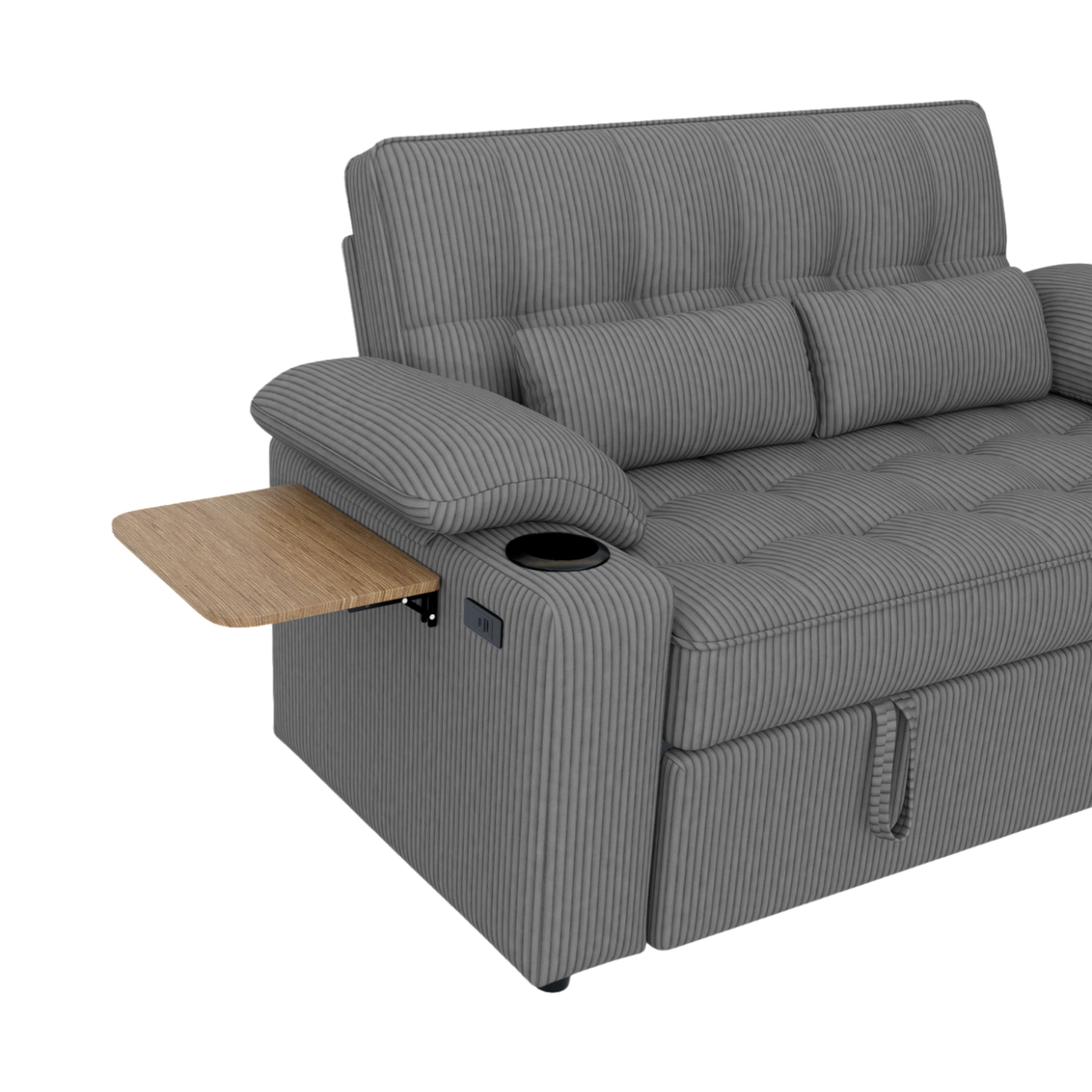 Vinform 3 in 1 Sleeper Sofa Bed, 58" Convertible Loveseat with Foldable Side Tray Table, USB Ports and Cup Holders for Apartments, Corduroy, Dark Gray